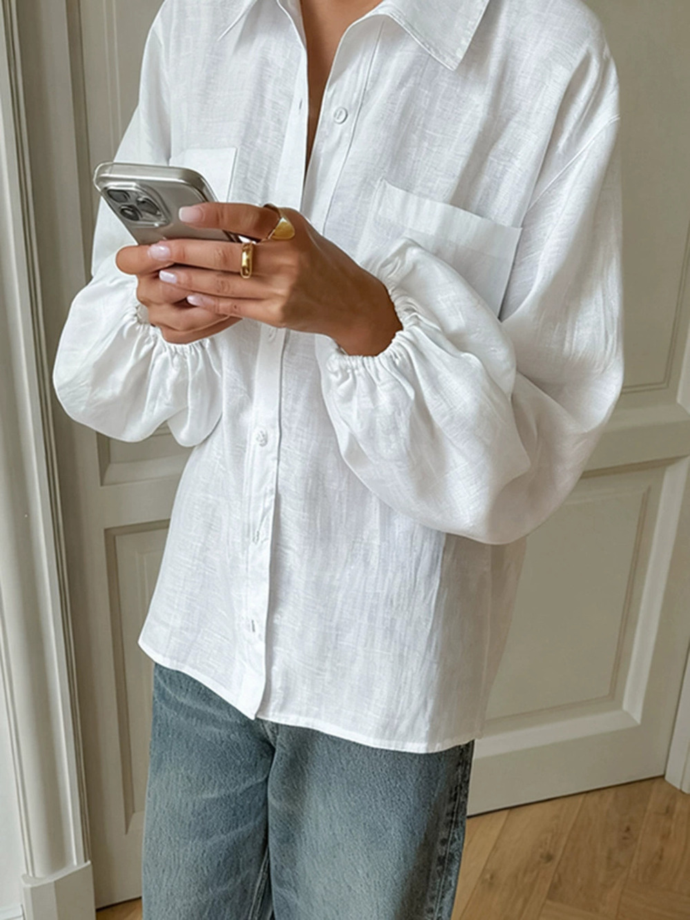 Forever 21 White Linen Shirt Jacket Casual Loose Fit Fall Collar Mid Length